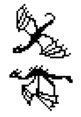 Set of black and white vector silhouettes of pixel flying dragons isolated on white background. Pixel art style design for home textile, bedding, wallpaper, apparel fabric, package.