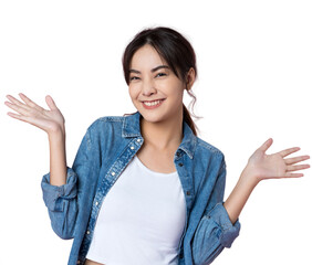 Young woman with surprise facial expression gesture with open palms over isolated background