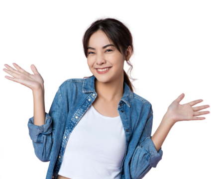 Young woman with surprise facial expression gesture with open palms over isolated background