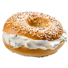 a delicious bagel with cream cheese, baked to perfection,  breakfast Food-themed, photorealistic illustration in a PNG, cutout, and isolated. Generative AI