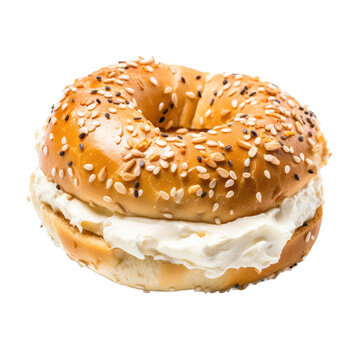 a delicious bagel with cream cheese, baked to perfection,  breakfast Food-themed, photorealistic illustration in a PNG, cutout, and isolated. Generative AI