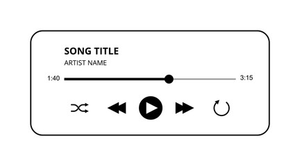 Music Player vector UI design with buttons, track and title vector illustration. Isolated on white audio player interface black and white style - obrazy, fototapety, plakaty