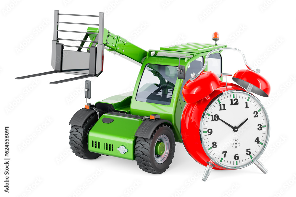 Poster telescopic handlers with alarm clock, 3d rendering