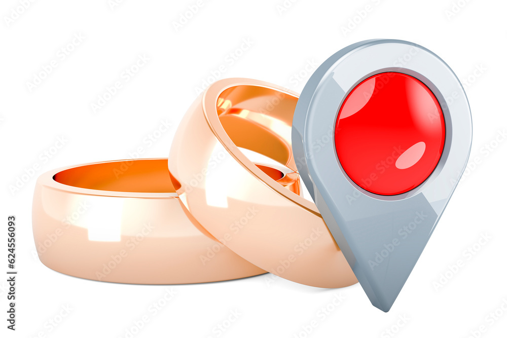 Poster golden wedding rings with map pointer. 3d rendering
