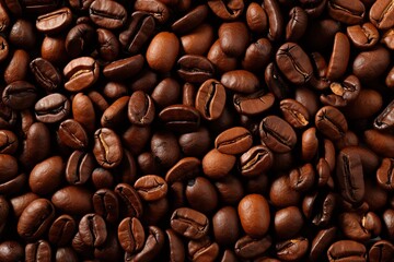 Obraz premium High quality Coffee beans flat lay image, panoramic view of roasted coffee beans background