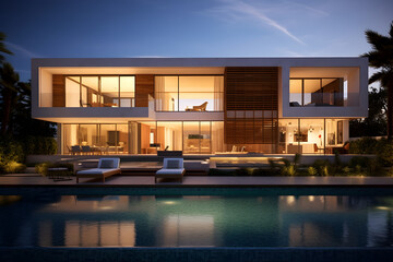 Fototapeta premium Luxurious modern apartment with swimming pool at blue hour with orange light, generative ai 
