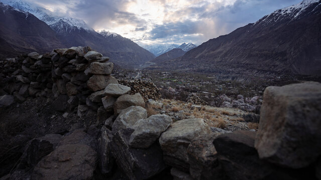 View of Hunza Valley trough a frame during sunrise, Aliabad, Gilgit Baltistan, Pakistan.