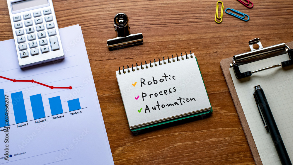 Poster there is notebook with the word robotic process automation. it is as an eye-catching image.