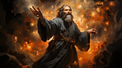 Judgment Day. Angry God stands against the backdrop of blazing fiery sky. Religious apocalypse AI