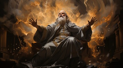 Judgment Day. Angry God stands against the backdrop of blazing fiery sky. Religious apocalypse AI