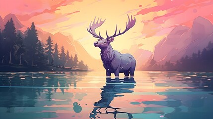 An elk on its back drinking water in a lake with a sunset background Illustration 