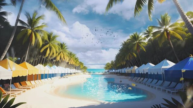 tropical island with palm trees and sea. Cartoon or anime watercolor painting illustration style. seamless looping 4K time-lapse virtual video animation background.