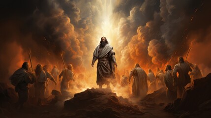Judgment Day. Angry God stands against the backdrop of blazing fiery sky. Religious apocalypse AI