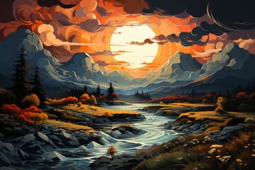 Abstract surreal landscape illustration style. Travel concept. AI generated, human enhanced