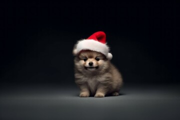 Fototapeta na wymiar Cute puppy in Santa Claus hat or christmas red cap. Pomeranian dog. AI generated, human enhanced