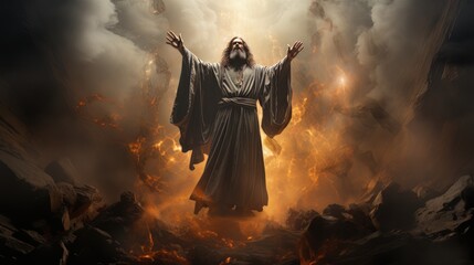 Judgment Day. Angry God stands against the backdrop of blazing fiery sky. Religious apocalypse AI