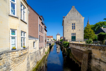 Summer cityscape of Valkenburg aan de Geul with kleine (small) geul rivier and architecture traditional houses, An adorable little town in the southern Dutch province of Limburg, Netherlands, Holland.