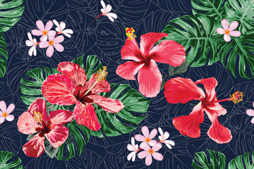 Seamless pattern floral with Hibiscus and frangipani flowers abstract background.Vector illustration hand drawn.For fabric fashion print pattern design or product packaging.