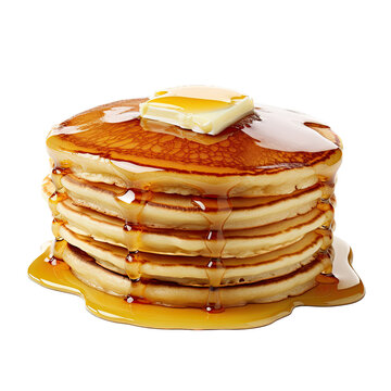 a stack of delicious pancakes with melting butter and maple syrup, cooked to perfection,  breakfast, Food-themed, photorealistic illustration in a PNG, cutout, and isolated. Generative AI