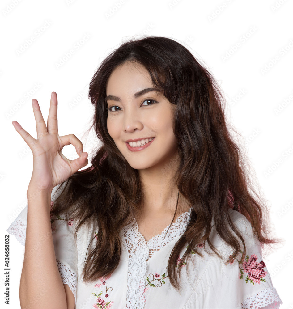 Canvas Prints young asian woman showing ok sign on hand isolated background