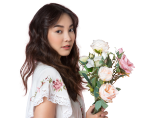 Young Asian woman holding a bouquet on hand isolated background