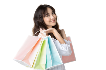 Young Asian shopper girl holding shopping bags happy smile and enjoying to shopping.