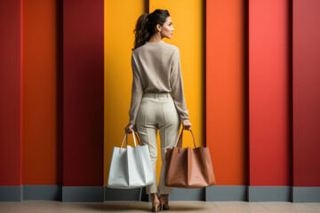 Urban Shopper. Stylish Woman with Shopping Bags near Colorful Wall. Fashionista Vibes AI Generative