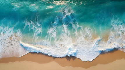 Fototapeta na wymiar Aerial Beach View with tropical sand and smooth waves, generative ai 