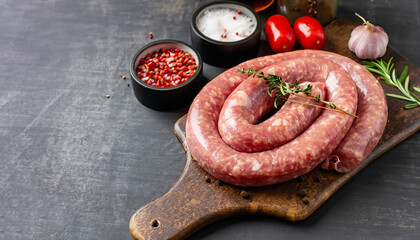 Raw sausage of beef and pork with spices on dark background.