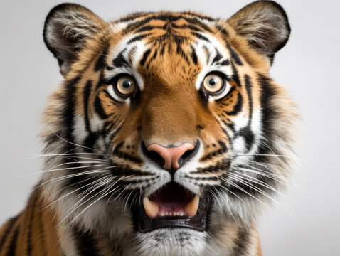 Cute confused wild tiger portrait and white background. Generative AI