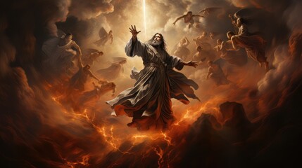 Judgment Day. Angry God stands against the backdrop of blazing fiery sky. Religious apocalypse AI