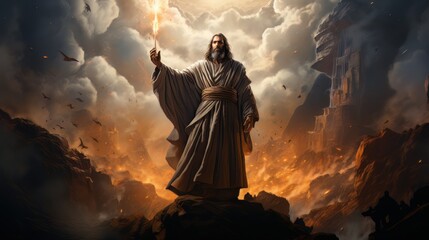 Judgment Day. Angry God stands against the backdrop of blazing fiery sky. Religious apocalypse AI