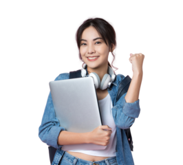 Portrait of smiling young Asian college student with laptop and backpack isolated over pink background.Cheer up success celebration concept