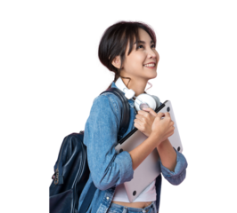 Portrait of young Asian woman student standing with smartphone coffee and backpack.College Teenager University concept.