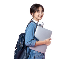 Portrait of young Asian woman student standing with smartphone coffee and backpack.College Teenager University concept.