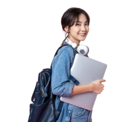 Portrait of young Asian woman student standing with smartphone coffee and backpack.College Teenager University concept.