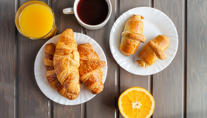 Breakfast with fresh croissants, orange juice and coffee, top view.
