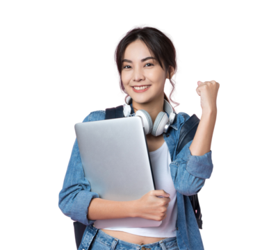 Portrait of smiling young Asian college student with laptop and backpack isolated over pink background.Cheer up success celebration concept