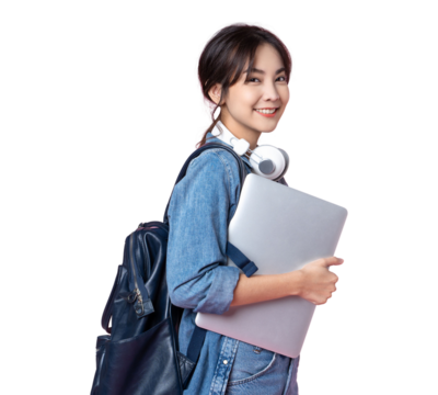 Portrait of young Asian woman student standing with smartphone coffee and backpack.College Teenager University concept. - Powered by Adobe