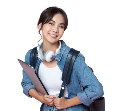 Portrait of young Asian woman student standing with smartphone coffee and backpack.College Teenager University concept.