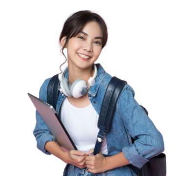 Portrait of young Asian woman student standing with smartphone coffee and backpack.College Teenager University concept.