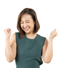 Young Asian cheerful excited girl say yes, looking happy and celebrating victory rejoice success...