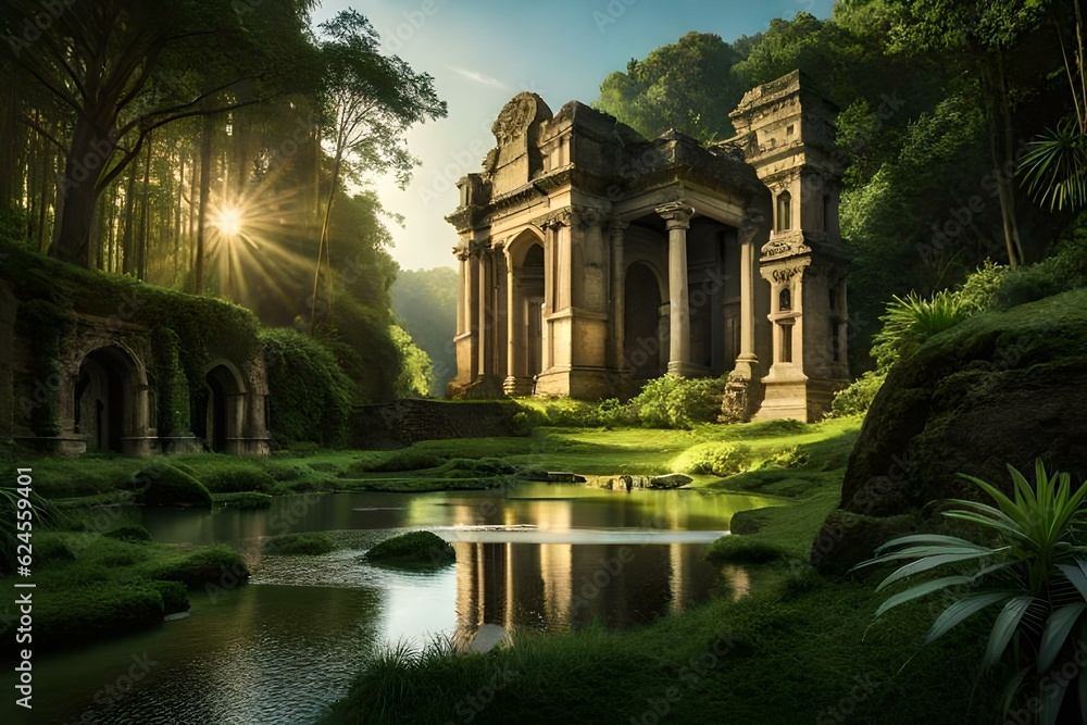 Poster ancient ruins hidden deep within the jungle - ai generative
