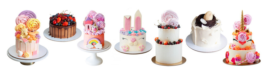 Set of different birthday cakes decorated with fresh berries, candy, unicorns, meringue swirls isolated on white background horizontal