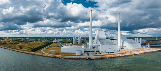 Aerial view of the Power station. One of the most beautiful and eco friendly power plants in the world. ESG green energy in Copenhagen, Denmark. - obrazy, fototapety, plakaty