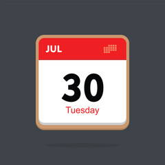 tuesday 30 july icon with black background, calender icon	