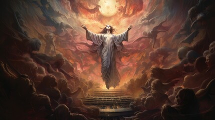 Holy woman soars in heaven with her arms outstretched to the sides surrounded by angels AI