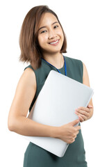 Portrait of young Asian business woman smiling and holding laptop white isolate background