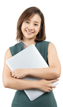 Portrait of young Asian business woman smiling and holding laptop white isolate background