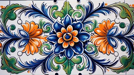 hand-painted ceramic tiles in a floral theme, for a horizontal background, product display/mock-up with copy space.  Decor-themed in a JPG format. Generative AI